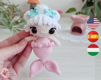 Mini Sirena Patrón Muñeco Amigurumi Crochet, Talla PEQUEÑA-Eng/Esp/Hun- Patrón Muñeco Sirena Amigurumi, 12cm/5inches