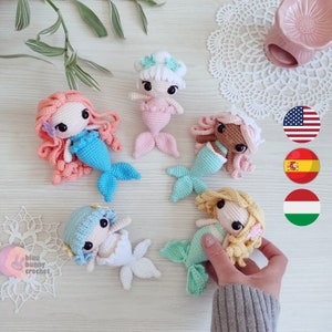 Mini Mermaid Crochet Doll Pattern PACK 5in1,  Size-Eng/Esp/Hun- Mermaid Amigurumi Doll Pattern, 13 cm/5inches