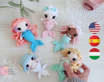 Mini Mermaid Crochet Doll Pattern PACK 5in1,  Size-Eng/Esp/Hun- Mermaid Amigurumi Doll Pattern, 13 cm/5inches