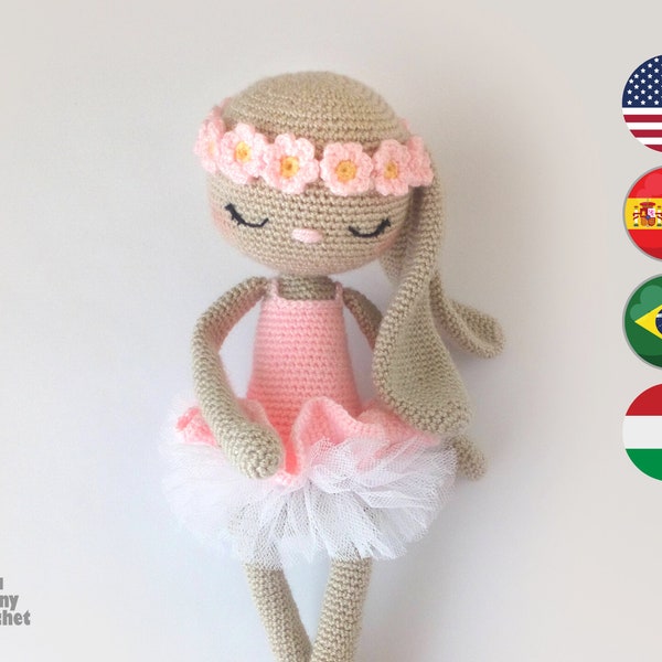 Modèle de poupée lapin ballerine au crochet - ANG - ESP - PT - Poupée lapin amigurumi avec motif tutu et fleurs, 14,5 pouces - 37 cm