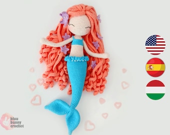 Mermaid Crochet Doll Pattern, MEDIUM Size-Eng/Esp/Hun- Mermaid Amigurumi Doll Pattern, 26 cm/10inches