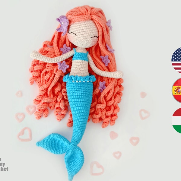 Mermaid Crochet Doll Pattern, MEDIUM Size-Eng/Esp/Hun- Mermaid Amigurumi Doll Pattern, 26 cm/10inches