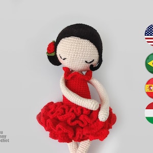 Bailarina Amigurumi Doll Pattern, Eng / Esp / PT / HUN Ballerina Häkelpuppe mit Rosen- und Blumenmuster, Carmen Bailarna Patron