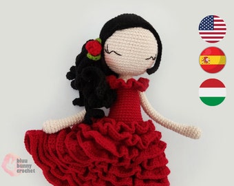 Latin Dancer Crochet Doll Pattern, ENG/HUN/ESP, Amigurumi Doll Pattern, Flamenco dancer, Camila Bailarna Patron