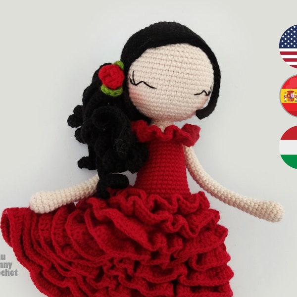 Lateinische Tänzerin Häkelanleitung für Puppe, ENG/HUN/ESP, Amigurumi Puppe Muster, Flamenco-Tänzerin, Camila Bailarna Patron