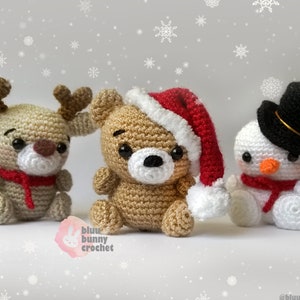 Crochet Ornament Pattern for Christmas Set of 3, Amigurumi Reindeer, Snoman and Bear with crocheted Santa Hat for your Christmas tree decor