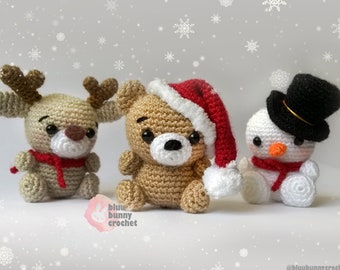 Crochet Ornament Pattern for Christmas Set of 3, Amigurumi Reindeer, Snoman and Bear with crocheted Santa Hat for your Christmas tree decor