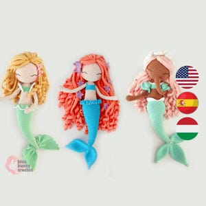 Mermaid Crochet Doll Pattern PACK 3in1, MEDIUM Size-Eng/Esp/Hun- Mermaid Amigurumi Doll Pattern, 26 cm/10inches