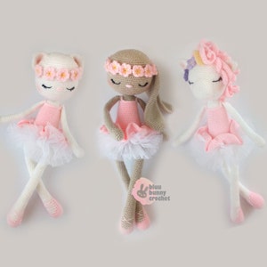 Ballerina Crochet Doll Pattern Pack, 3in1 14,5 inches 37cm Doll Amigurumi Doll Pattern, Bunny, Cat, Unicorn image 1