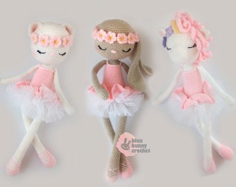 Ballerina Crochet Doll Pattern Pack, 3in1 | 14,5 inches - 37cm Doll Amigurumi Doll Pattern, Bunny, Cat, Unicorn