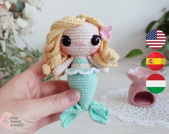 Patrón de muñeca de ganchillo mini sirena - junio, tamaño pequeño-ing/esp/hun- patrón de muñeca amigurumi sirena, 12 cm/5 pulgadas