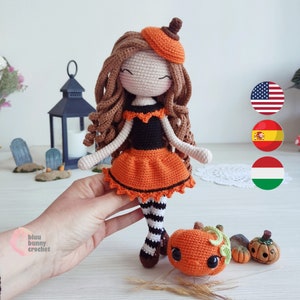 Pumpkin Witch Crochet Pattern and her Pumpkin friend 2in1, MEDIUM Size-Eng/Hun/Esp- Halloween Pumpkin Witch Amigurumi Doll Pattern