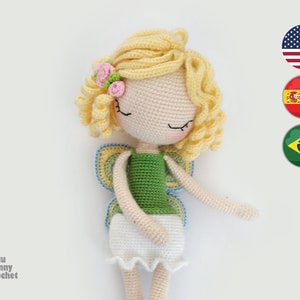 Fairy Crochet Doll Pattern - ENG - ESP - PT Fairy Amigurumi Doll Pattern, 14,5 inches - 37cm, Flower Fairy Crochet Doll Pattern