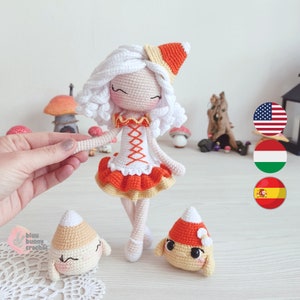 Candy Corn Witch Crochet Pattern and her Candy Friend 2in1 MEDIUM Size-Eng/Hun/ESP- Halloween Witch Amigurumi Doll Pattern, 22 cm/9inches