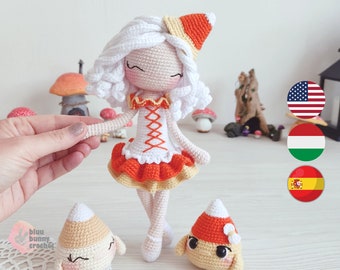 Candy Corn Witch Crochet Pattern and her Candy Friend 2in1 MEDIUM Size-Eng/Hun/ESP- Halloween Witch Amigurumi Doll Pattern, 22 cm/9inches