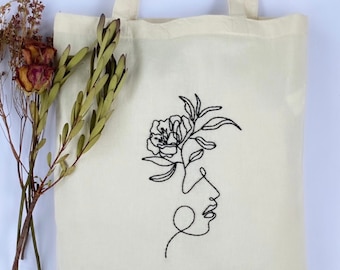 Abstract One Line Face Tote Bag |Hand Embroidered Tote Bag | Minimalist Tote Bag | Floral Line Art | Floral Tote Bag | Gift For Her