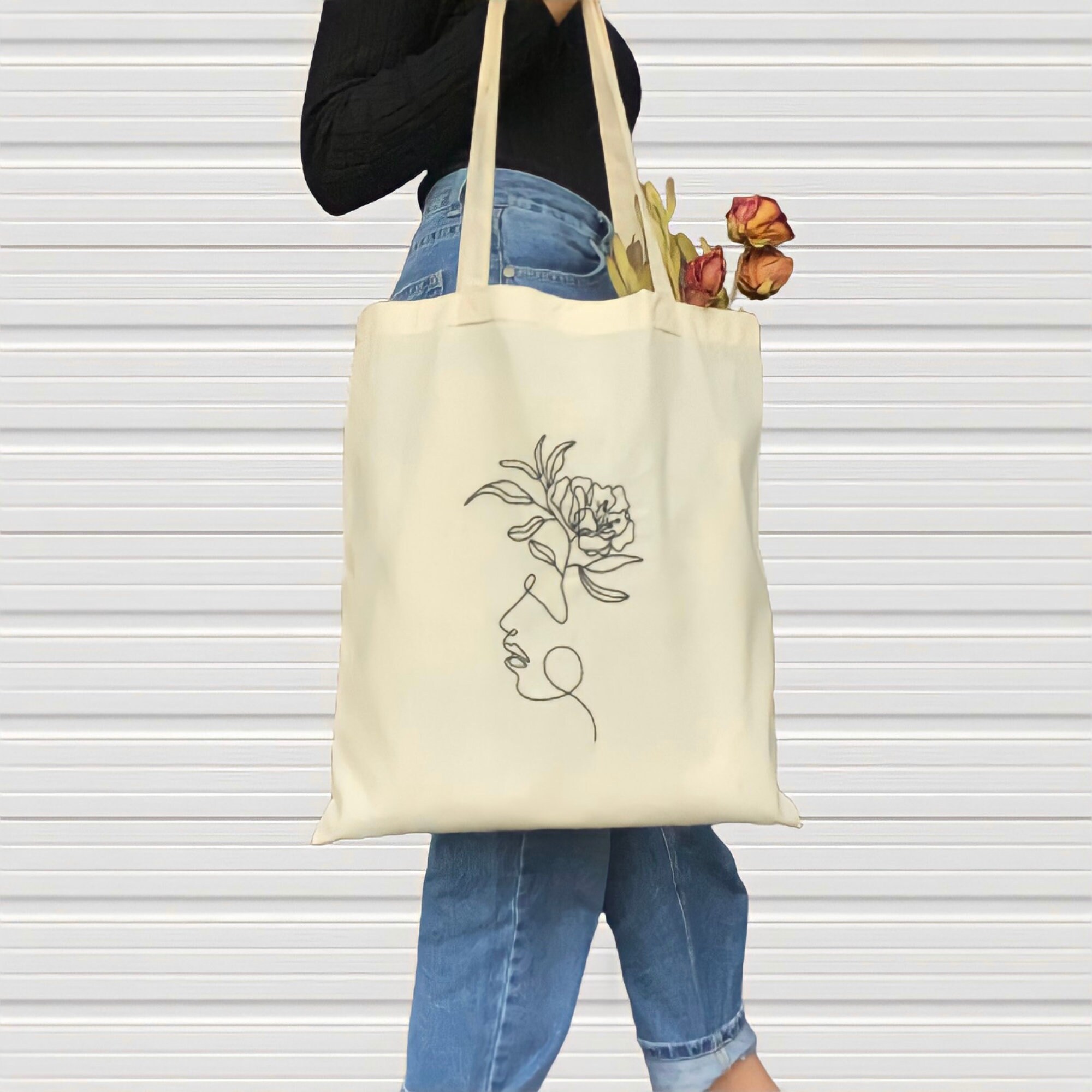 Abstract One Line Face Tote Bag hand Embroidered Tote Bag - Etsy