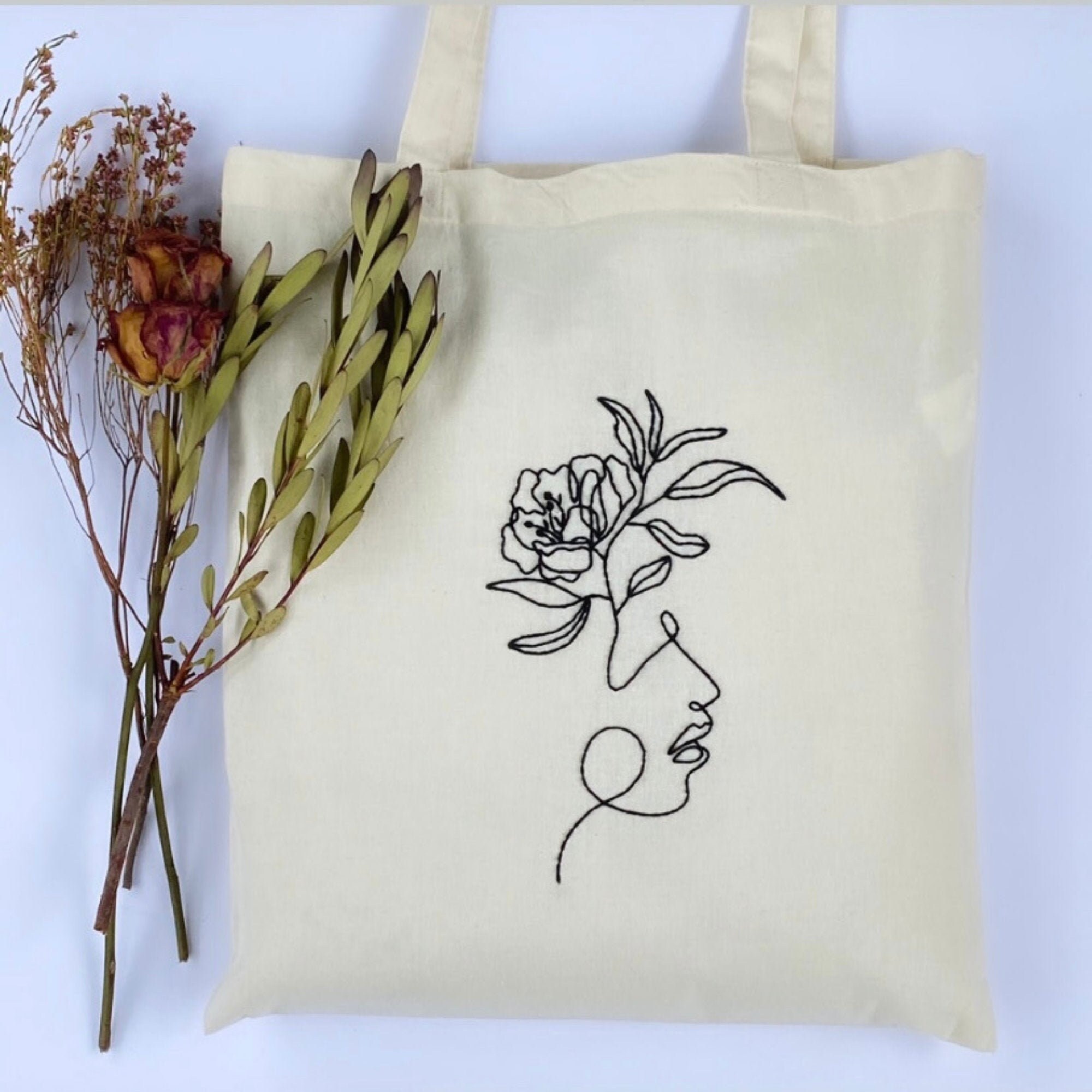 Abstract One Line Face Tote Bag hand Embroidered Tote Bag - Etsy