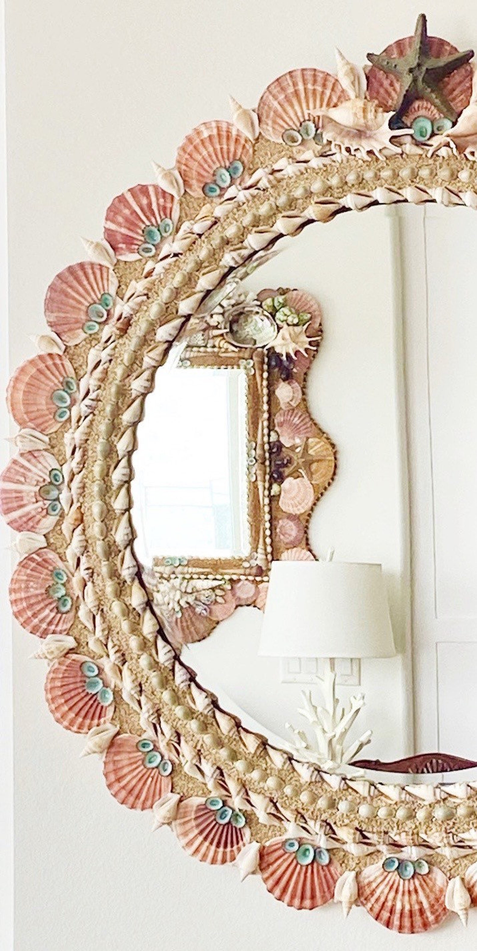 Seashell Mirror, Seashell Art, Hanging Shell Mirror, Shell Art, Coastal
