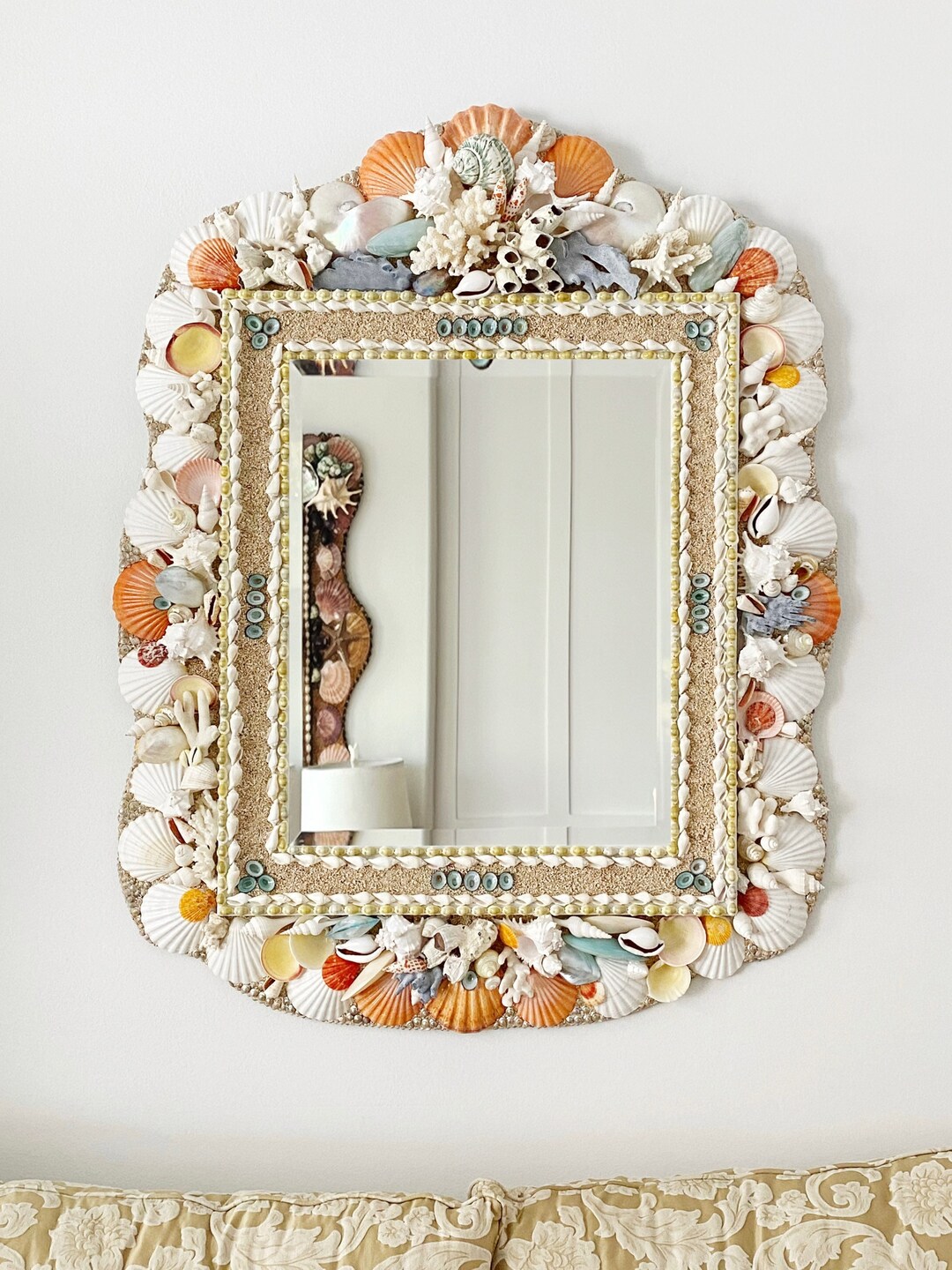 Seashell Mirror, Seashell Art, Hanging Shell Mirror, Shell Art, Coastal