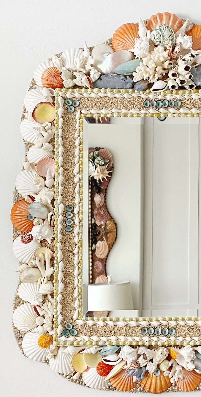 Seashell Mirror, Seashell Art, Hanging Shell Mirror, Shell Art, Coastal