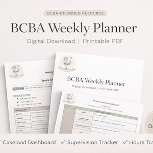 May include: A stack of white BCBA Weekly Planner printable PDF documents. The documents include the text "BCBA Weekly Planner" and "Digital Download | Printable PDF". The image also includes the text "Caseload Dashboard", "Supervision Tracker", and "Hours Tracker".