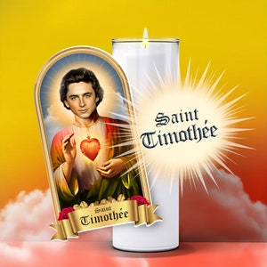 Saint Timothée Chalamet Prayer Candle Sticker, Patron Saint Parody, Devotional, Novelty, Funny Celebrity Prayer Candle Label image 2