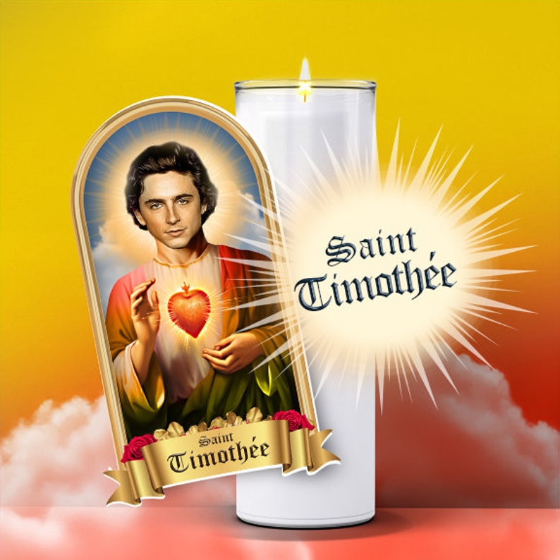 Saint Timothée Chalamet Prayer Candle Sticker, Patron Saint Parody, Devotional, Novelty, Funny Celebrity Prayer Candle Label image 2