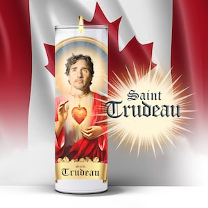 Saint Justin Trudeau Prayer Candle Sticker, Divine Canadian Prime Minister Political Prayer Candle Label image 1