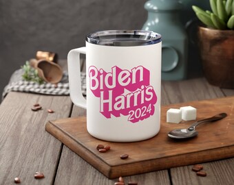 Biden Harris 2024 Pink Font Tumbler Insulated Coffee Mug, 10oz