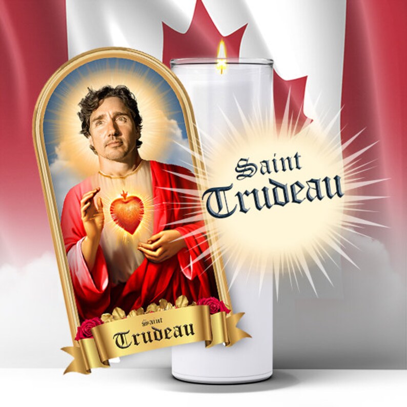 Saint Justin Trudeau Prayer Candle Sticker, Divine Canadian Prime Minister Political Prayer Candle Label image 2