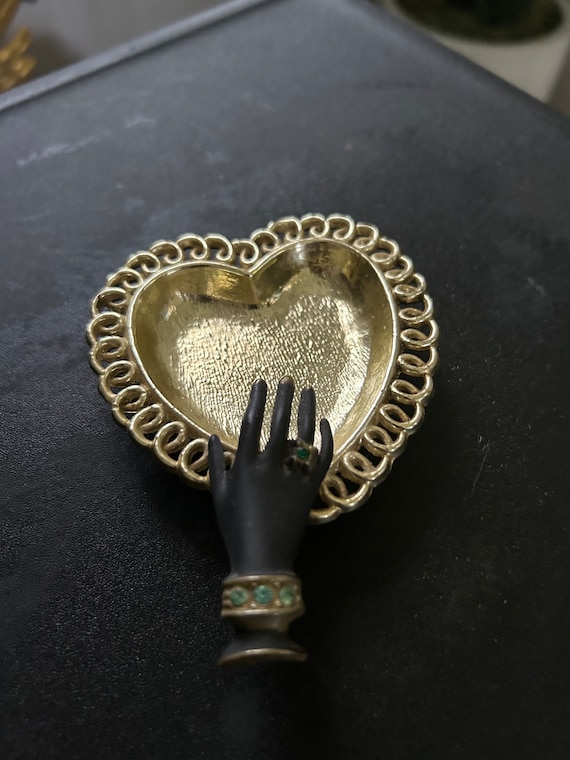 Retro 1950’s trinket / ring holder heart shaped g… - image 1