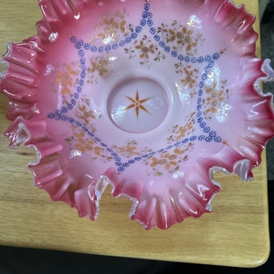Antique European enameled cranberry crest white ruffled brides bowl