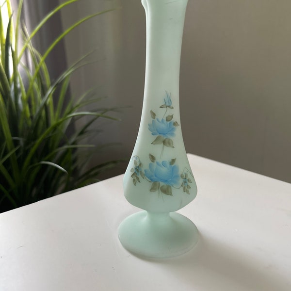 Vintage Fenton Swung Vase blue satin hand painted signed by M. Kerman