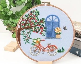 DIY Embroidery Kit beginner, Beginner Embroidery kit, Modern embroidery kit cross stitch, Hand Embroidery Kit, Needlepoint, flower Bicycle