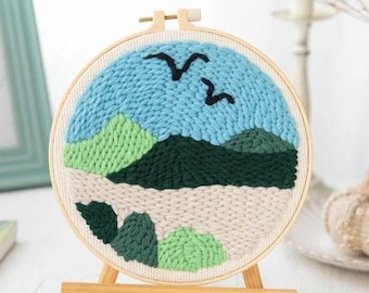 mountain Punch Needle kit for beginner, Beginner Punch Needle Kit with Adjustable Punch Needle, Punch Needle Kit with printed pattern & Yarn