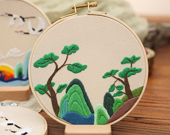 landscape Embroidery Kit beginner, Tree embroidery, Modern embroidery kit cross stitch, Hand Embroidery Kit, Needlepoint Hoop, DIY Craft Kit