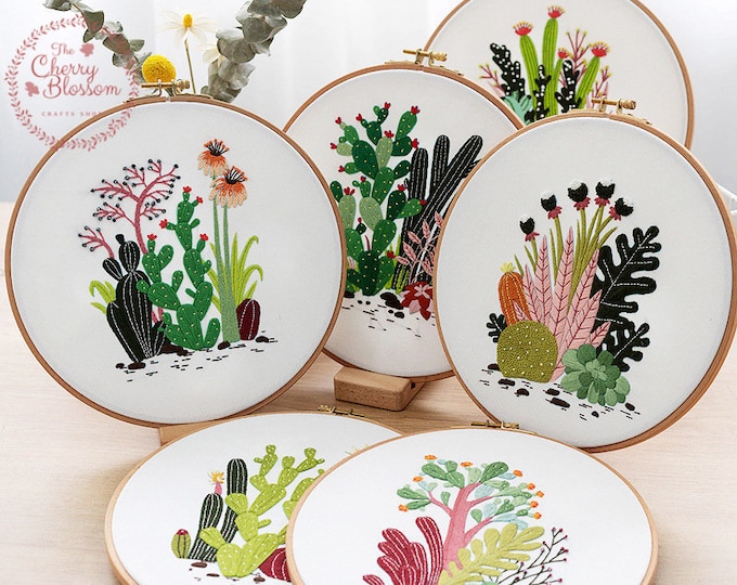 Embroidery Kit for beginner floral modern, full hand embroidery kits starter, plant succulent cacti cactus embroidery, DIY craft kits