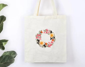 Sac fourre-tout en toile pour débutant pour kit de broderie | Kit de broderie à la main de motif végétal floral moderne | Sac à broder DIY Artisanat | Art du cerceau avec broderie