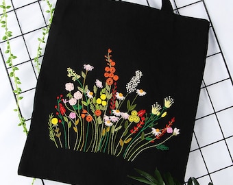 Embroidery Kit Beginner Canvas Tote Bag, Modern Floral Plant Hand Embroidery Kit, Embroidery Bag DIY, Needlepoint, Kits DIY embroidery set