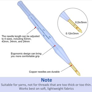 May include: A blue plastic needle threader with a gold metal needle. The needle threader has an adjustable length, with four different needle sizes: 53mm, 43mm, 34mm, and 24mm. The needle threader is labeled with the needle sizes in inches and millimeters. The text "Note" is printed below the image. The text "Suitable for yarns, not for threads that are too thick or too thin. Works best on soft, lightweight fabrics" is printed below the "Note" text.