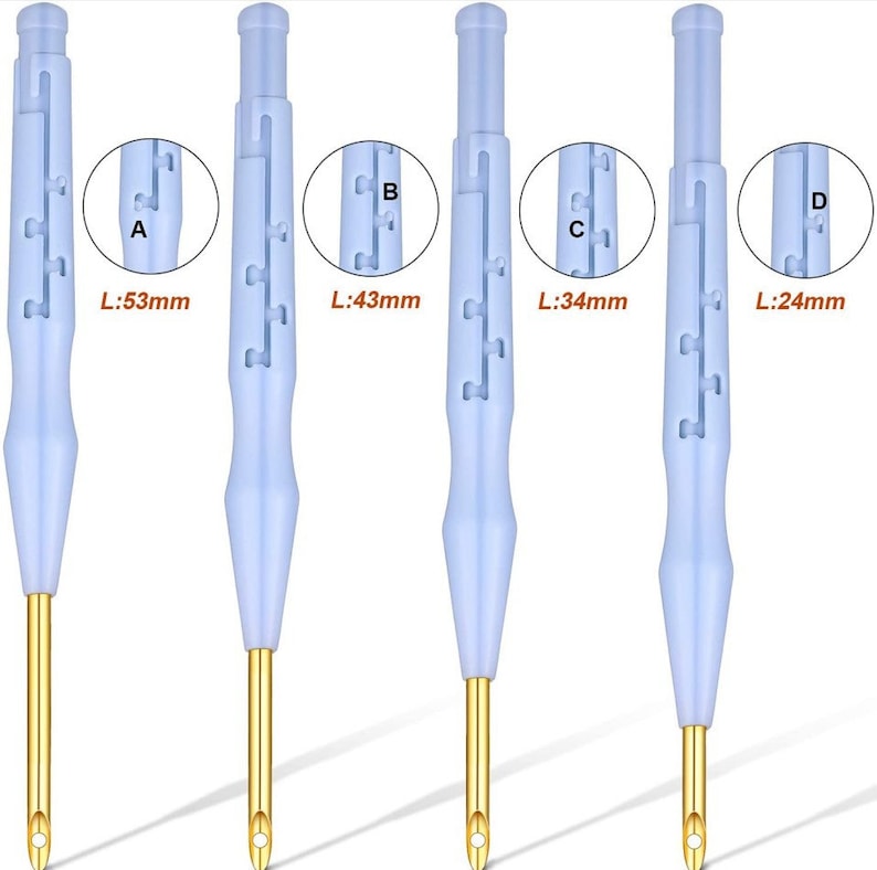 May include: Set of four blue plastic yarn needles with gold tips. The needles are labeled A, B, C, and D with corresponding lengths of 53mm, 43mm, 34mm, and 24mm.
