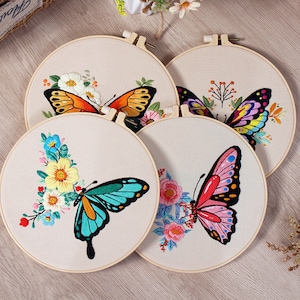 Butterfly Embroidery Kit For Beginner floral Modern Plant hand Embroidery Kit with Pattern Full Kit with Needlepoint Hoop DIY Craft Kit