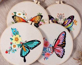 Butterfly Embroidery Kit For Beginner floral Modern Plant hand Embroidery Kit with Pattern Full Kit with Needlepoint Hoop DIY Craft Kit
