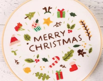 Merry Christmas Embroidery Kit beginner, Beginner Embroidery kit, Modern embroidery kit cross stitch, Hand Embroidery Kit, DIY embroidery