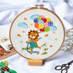 Lion Embroidery Kit beginner, Beginner Embroidery kit,embroidery kit, Raccoon bicycle, balloon, Animal, plane stars cloud rain dragonfly