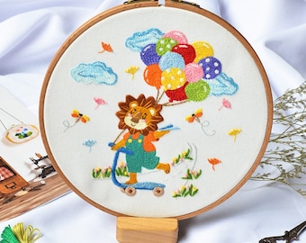 Lion Embroidery Kit beginner, Beginner Embroidery kit,embroidery kit, Raccoon bicycle, balloon, Animal, plane stars cloud rain dragonfly