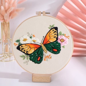 Butterfly Embroidery Kit For Beginner floral Modern Plant hand Embroidery Kit with Pattern Full Kit with Needlepoint Hoop DIY Craft Kit