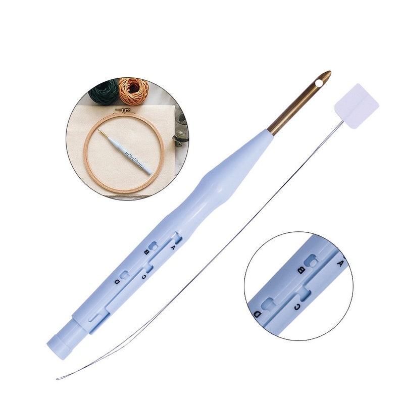 May include: A blue plastic embroidery needle threader with a metal hook and a sliding gauge marked with letters A, B, C, and D. The threader is shown next to a separate metal needle.