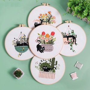 Kat borduurset voor beginners bloemen moderne plant handborduurset met patroon Volledige kit met borduurring DIY-knutselset